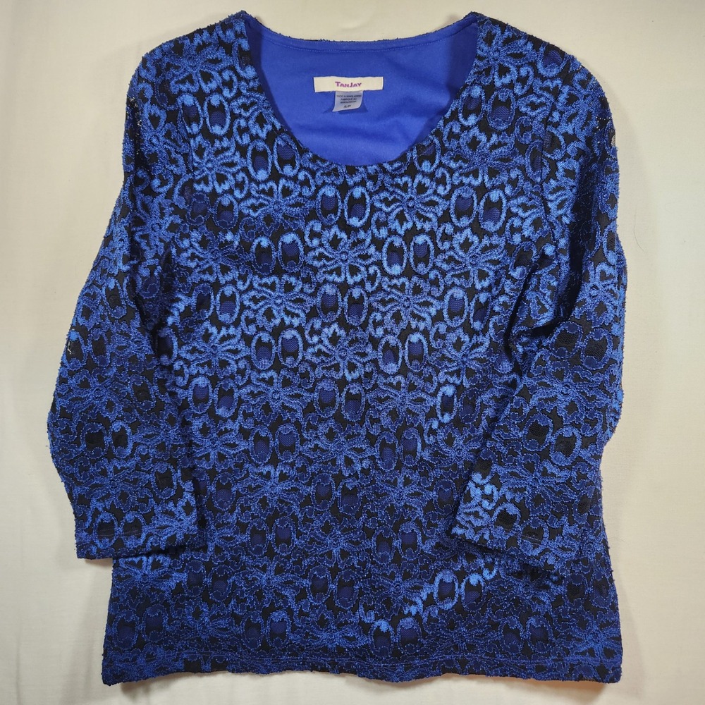 TanJay Blue Black Floral Lace Metallic 3/4 Sleeve Scoop Neck Blouse Small